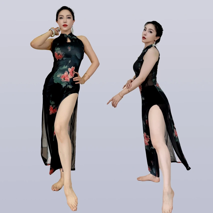 swegal肚皮舞练功服东方舞服装黑底芙蓉印花旗袍写真拍照