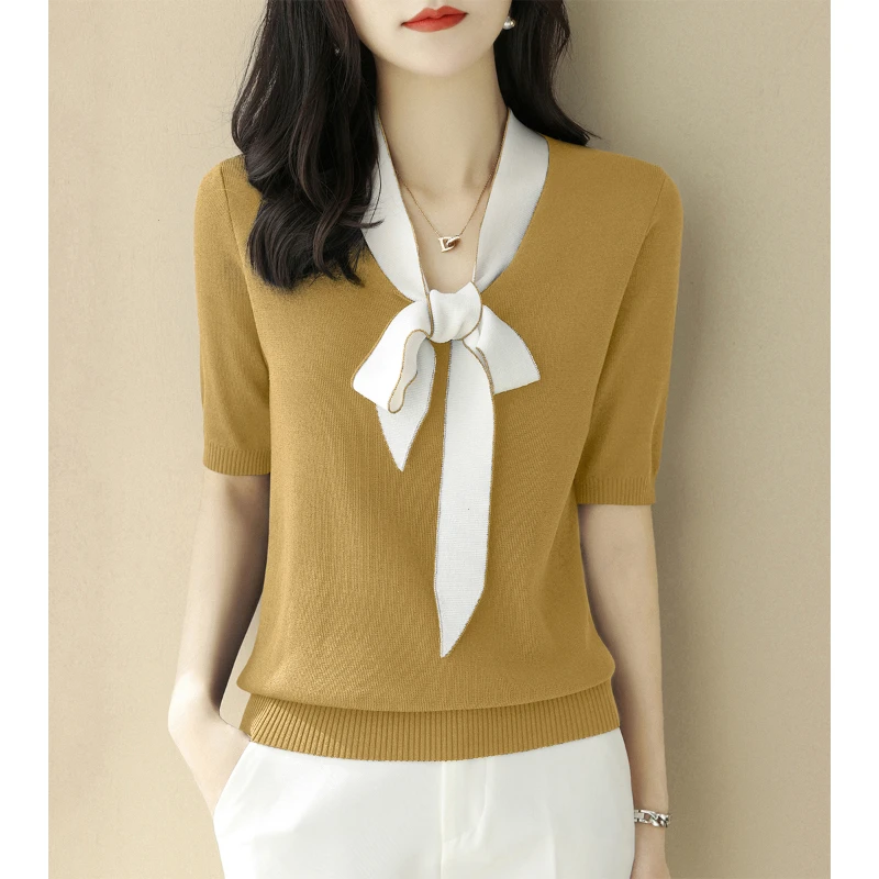夏季2025年V领拼色五分袖针织衫飘带蝴蝶结系带宽松上衣新款女装