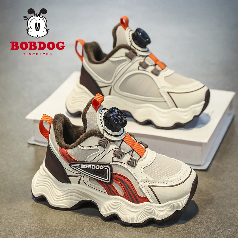 Bobdog/巴布豆秋冬新款运动鞋休闲保暖加绒减震旋转纽扣男女童鞋