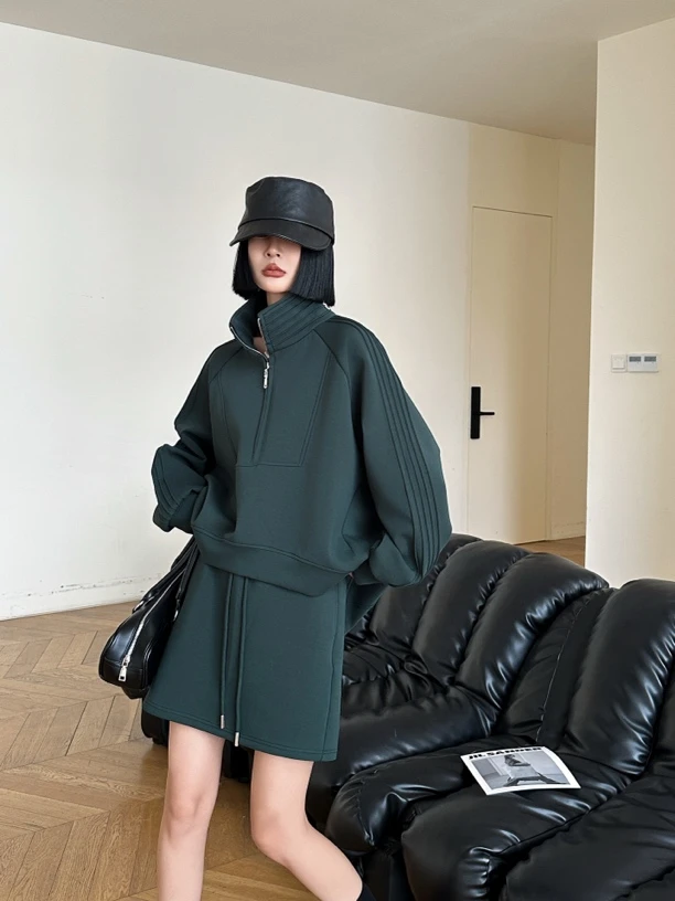 XIAN YA GE 定制 2025春季新款简约时尚百搭宽松显瘦墨绿色套裙