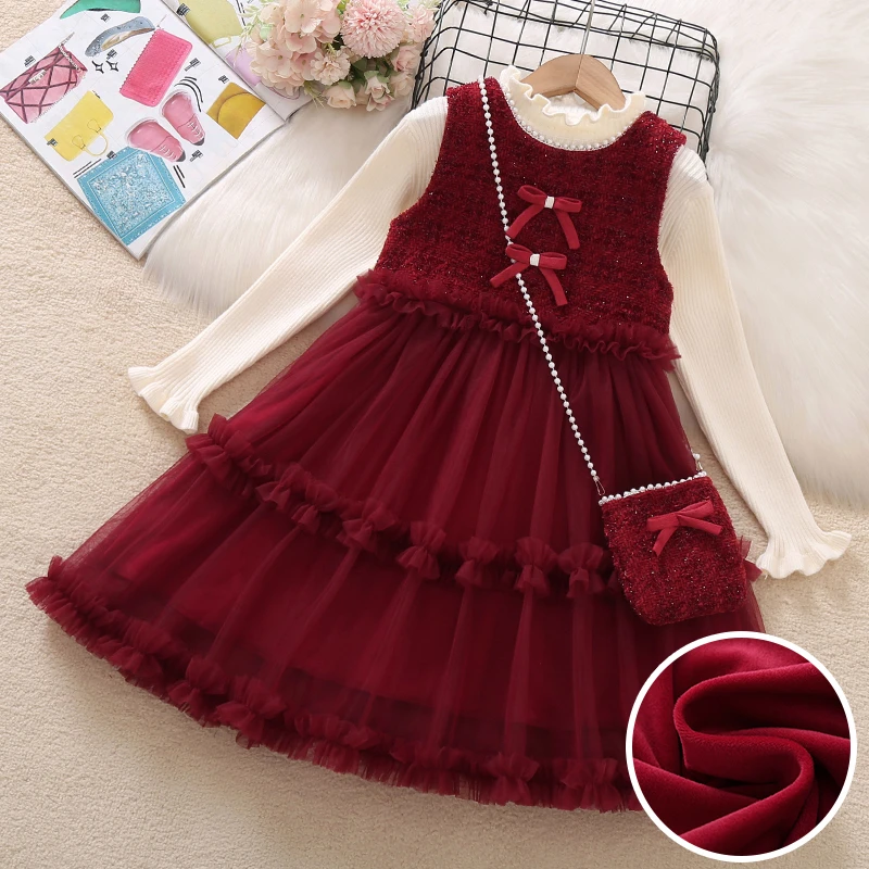 女童加绒连衣裙套装2025新款儿童红色公主裙冬装打底衫拜年服裙子