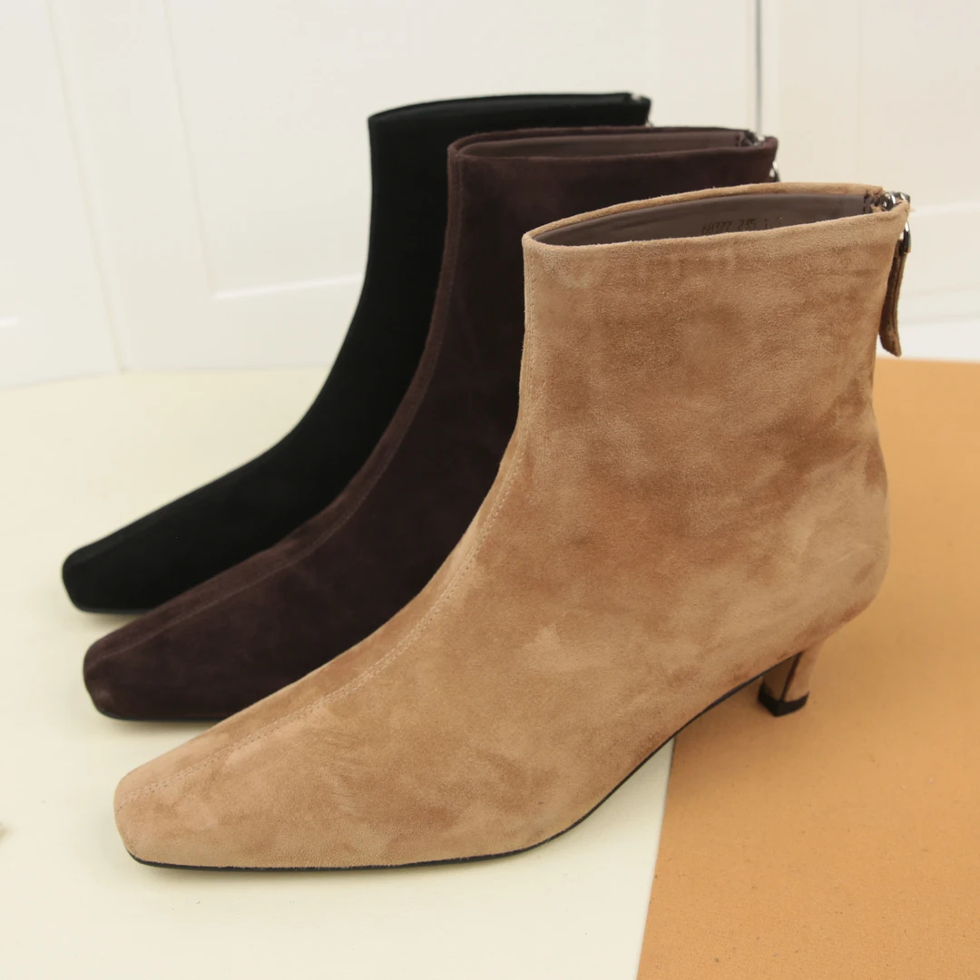 3066冬季新款气质方头真皮通勤短靴女百搭后拉链小猫跟单里瘦瘦靴