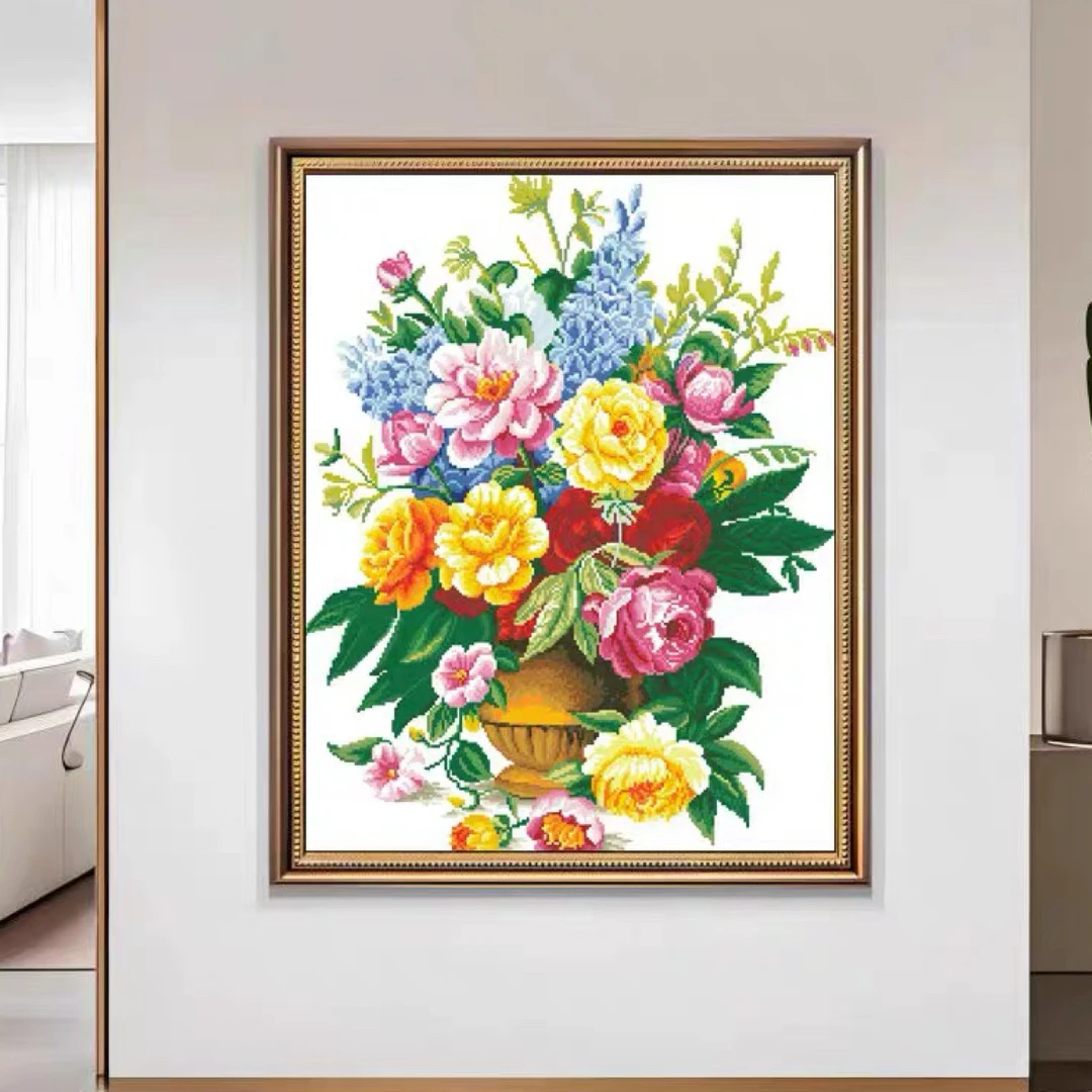 纯手工十字绣成品富丽典雅玫瑰花瓶竖版客厅挂画85×70厘米