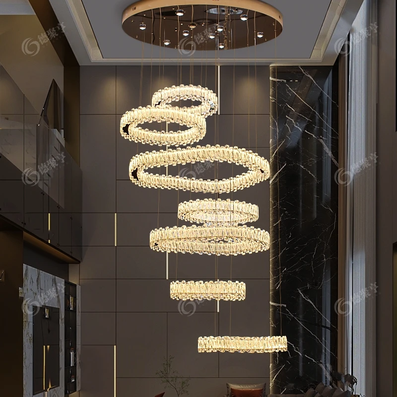 高端轻奢K9水晶不锈钢镜面三色变光创意简约旋转吊灯欧式酒店别墅