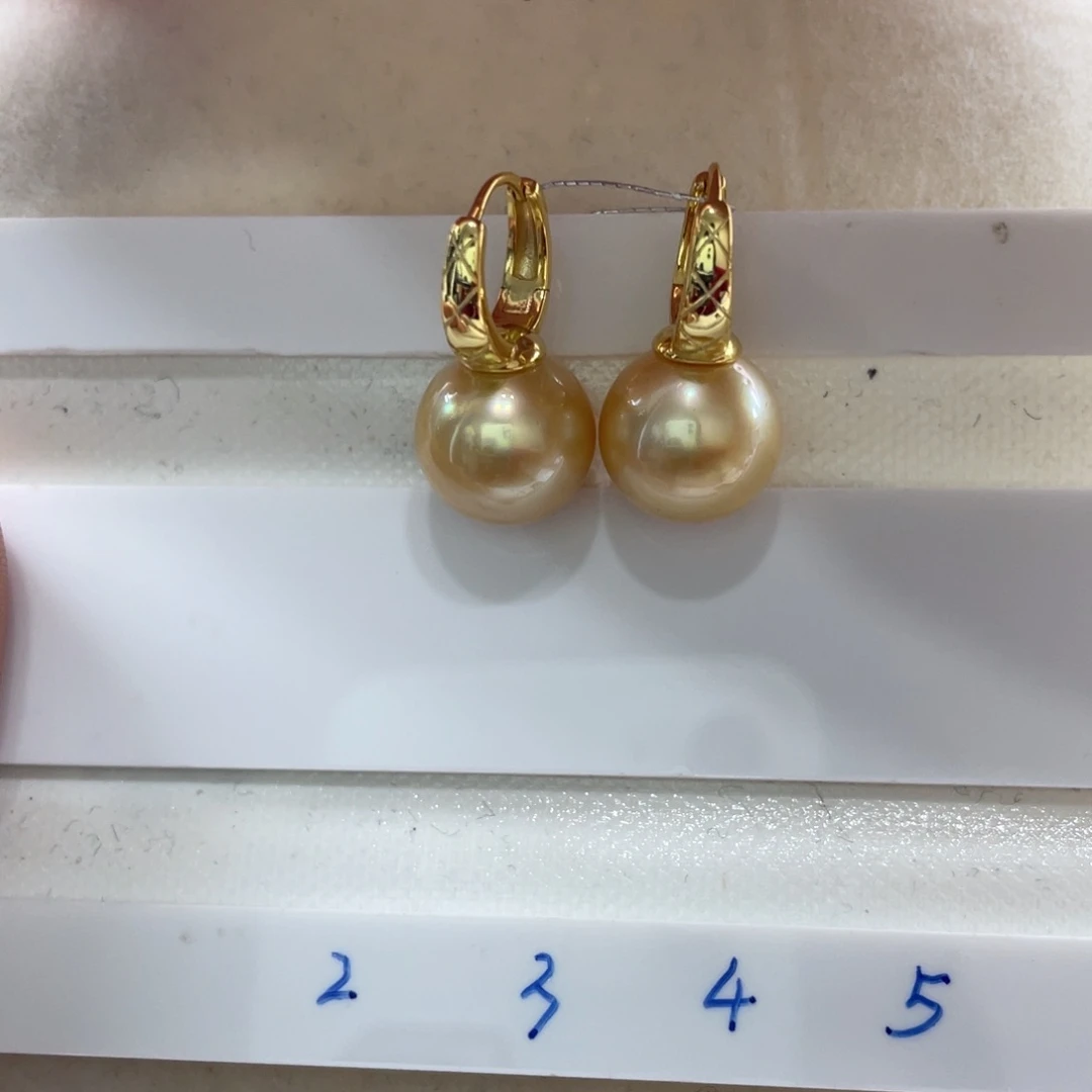 银S925镶嵌耳饰海水珍珠南洋金珠12-13m m