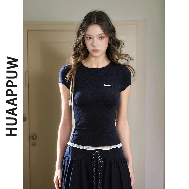 画朴法式圆领领印花短袖显瘦T恤2025夏季新款花边修身百搭上衣女