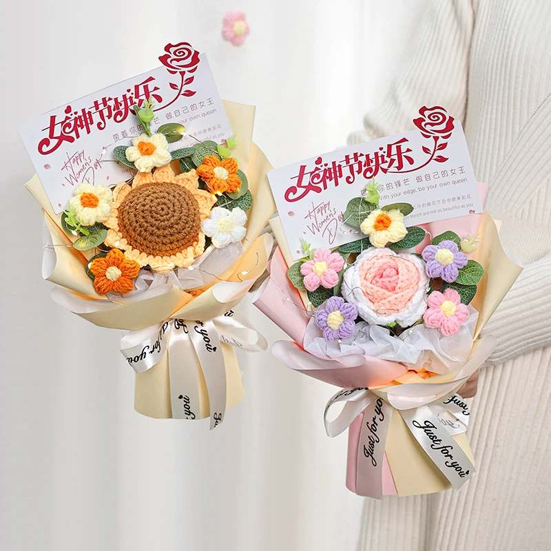 创意钩织玫瑰向日葵毛线小花束自带礼盒成品送妈妈男女朋友小惊喜