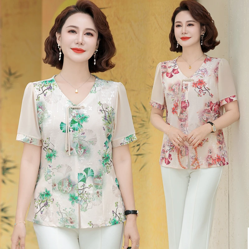夏季新款女款短袖T恤显瘦中老年妈妈装洋气气质国风上衣+裤子套装