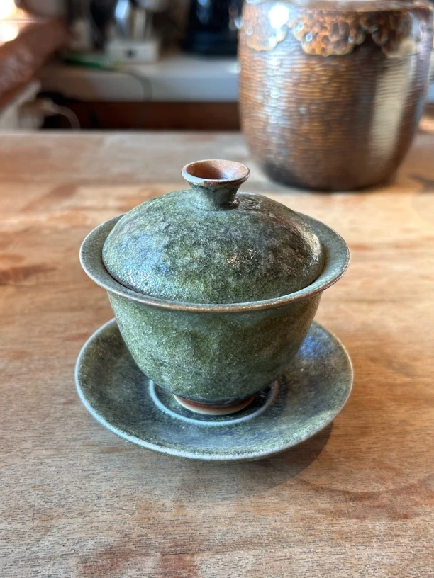 绿釉纯手工柴烧三才盖碗