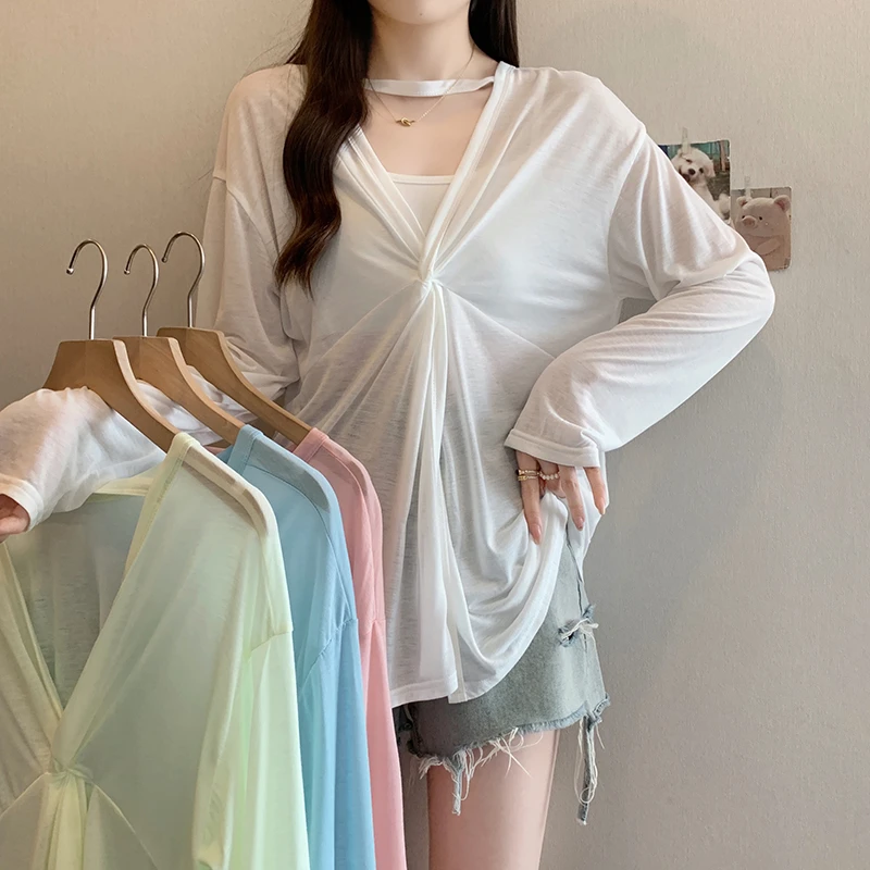 【小曹大码】夏装新款女时尚设计感镂空扭结防晒长袖T恤-ONL35137