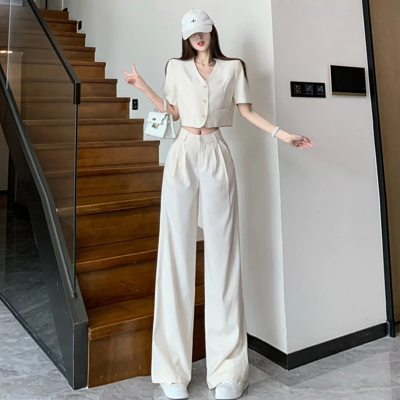 高级感时尚洋气西装套装女夏气质短款上衣+垂感直筒阔腿裤两件套