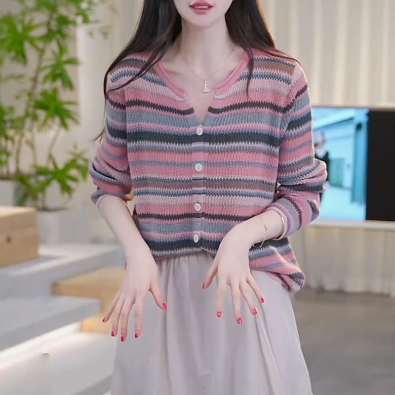 小个子撞色条纹针织衫长袖女2025春秋新款时尚百搭气质打底衫上衣