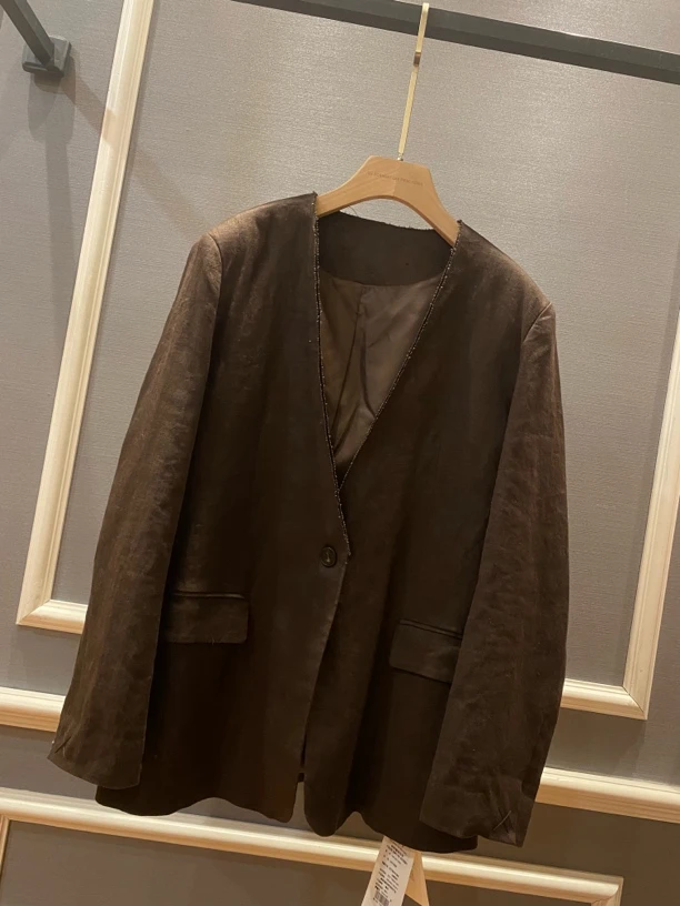 欧都梦·重磅亚麻V领毛边简约廓形一粒扣西装外套 1252