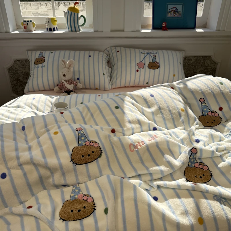 易安阁多巴胺冬季牛奶绒毛巾绣条纹黑皮猫咪床上四件套珊瑚绒1.5m