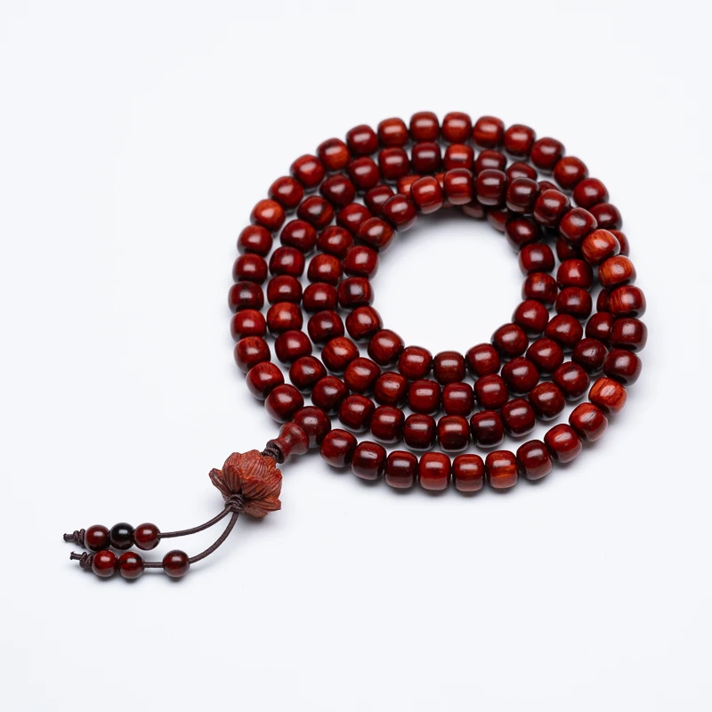 小叶紫檀鸡血红6*7mm*108颗老型珠莲花雕刻多圈手串男女同款