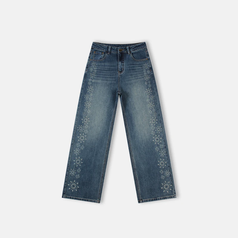 ”重工烫钻“镭射花卉闪钻阔腿牛仔裤LW5558