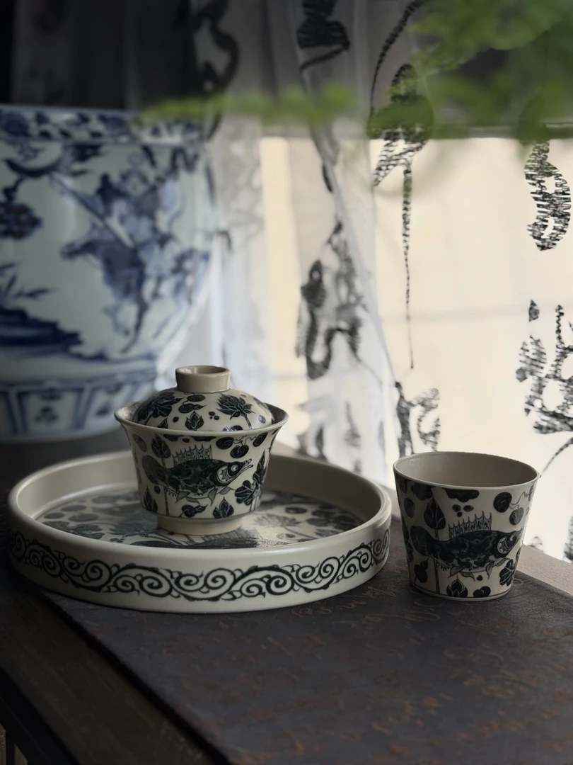 知否｜甄选景德镇陶瓷元青花幽蓝溪堂二号釉鱼藻纹组合三件套茶杯