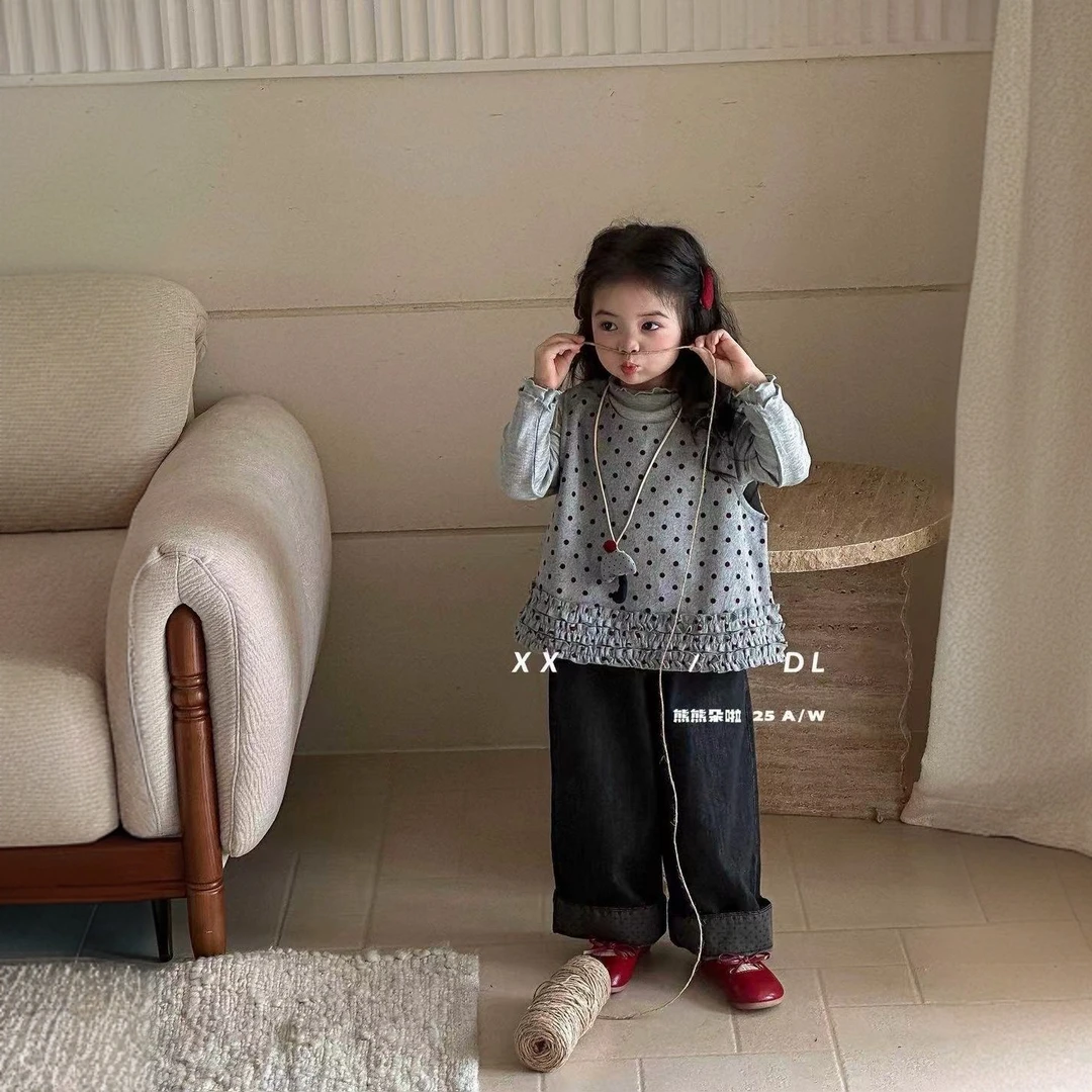 女童韩版套装2025新款春秋儿童波点花边马甲打底衫牛仔裤三件套