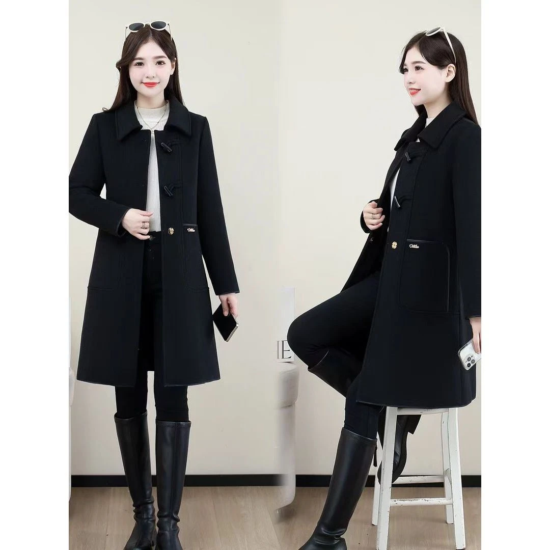 【衣架防尘袋】新款牛角扣气质中长款翻领显瘦修身双面小个子大衣