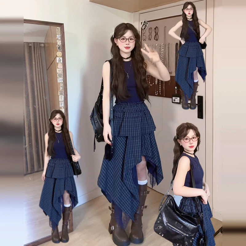 法式巨好看无袖背心格子连衣裙子女装2025夏季新款不规则蓝色长裙