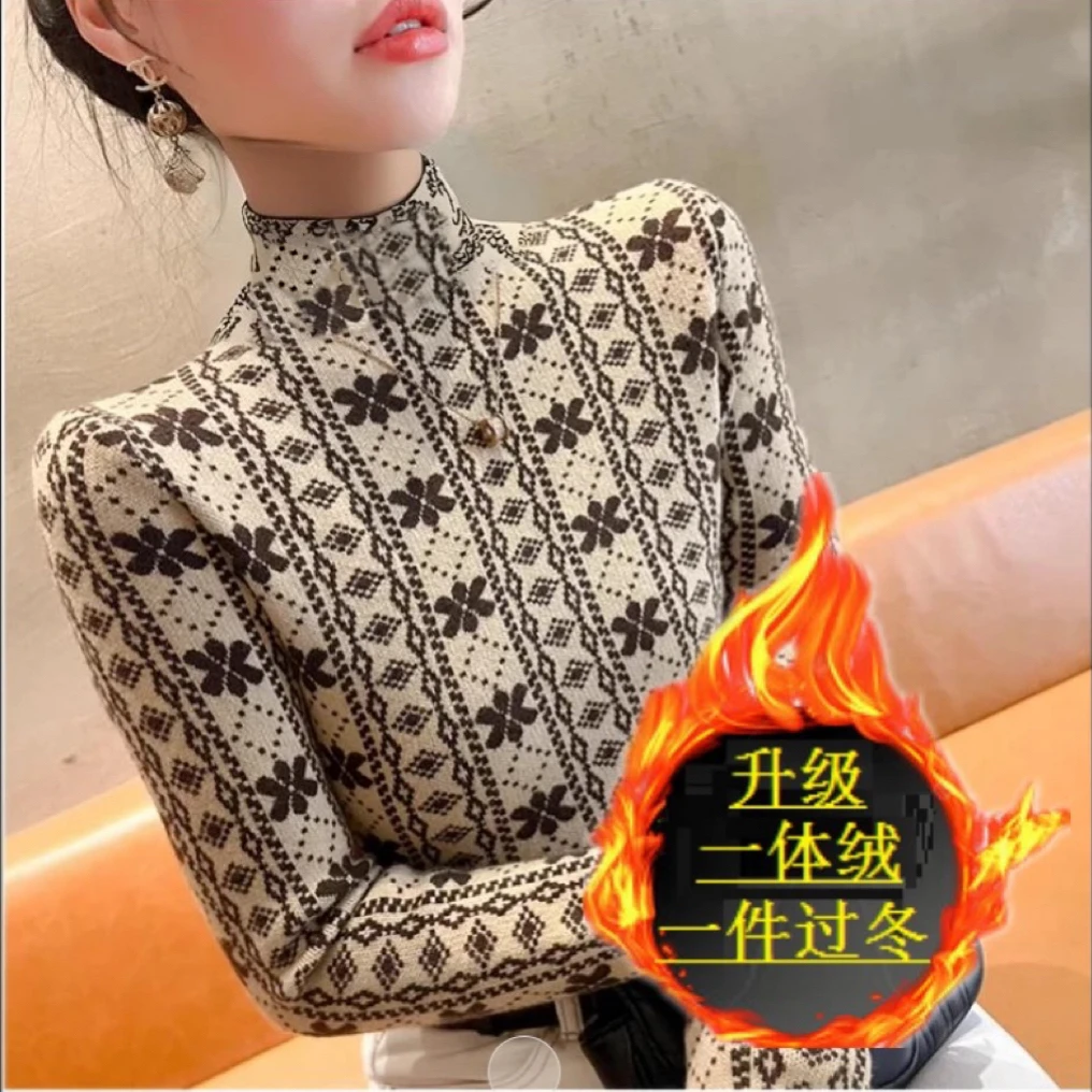 【一体绒】加厚冬季打底衫毛衣保暖女2024新款雪花半高领内搭上衣