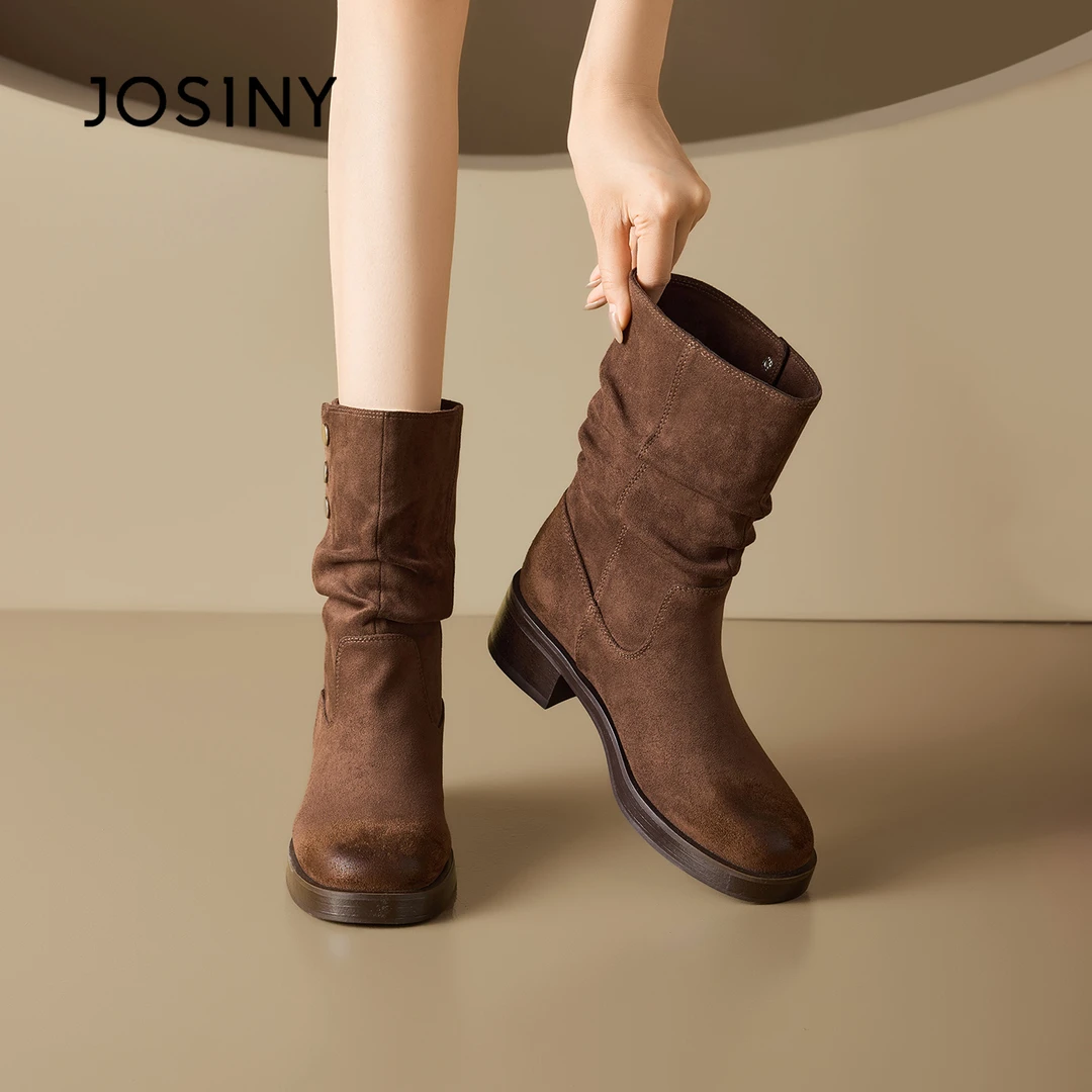 卓诗尼英伦今年时装靴秋冬棕色增高粗跟圆头中筒女靴百搭瘦瘦靴