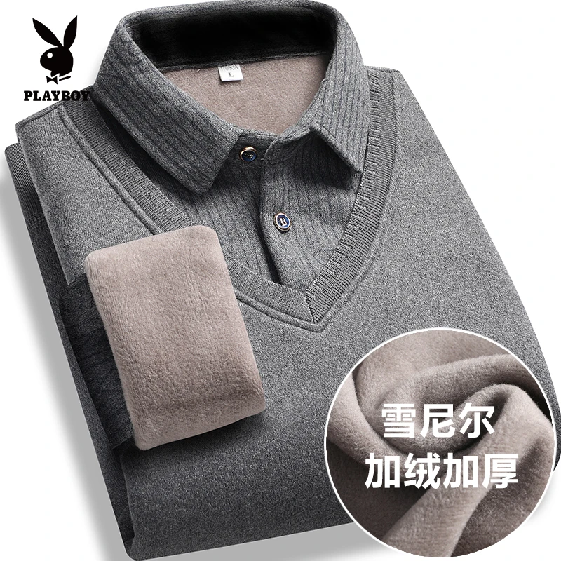 【加绒加厚】花花公子男士假两件爸爸冬季保暖打底衫中老年针织衫男