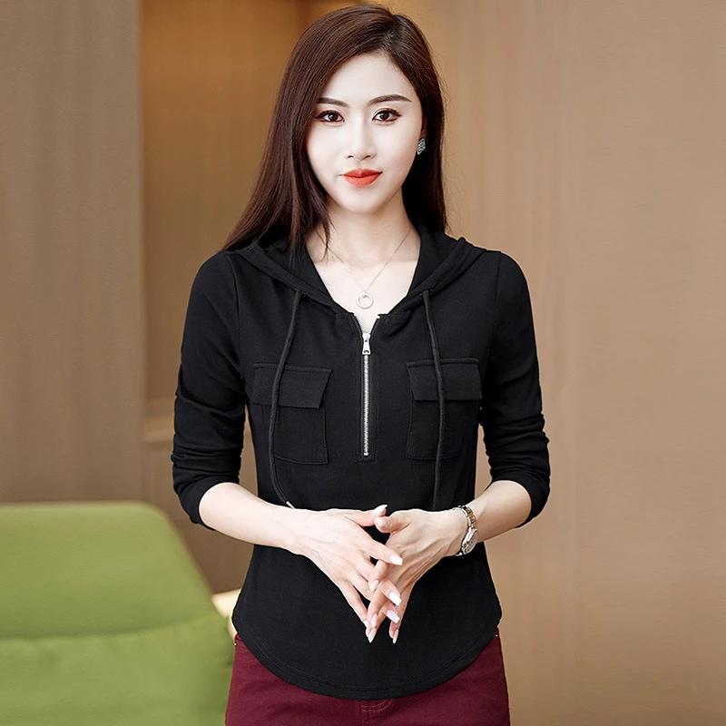 黑色休闲连帽长袖卫衣T恤女2025秋季新款修身显瘦小个子外穿上衣