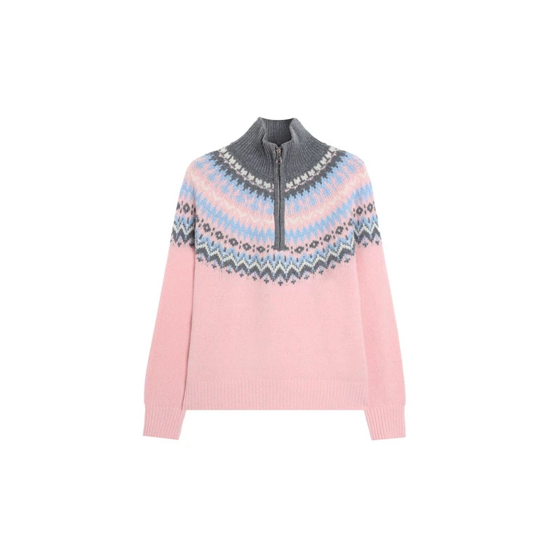 【100绵羊毛】费尔岛风格半高领拉链针织衫时尚毛衣显瘦减龄女冬季