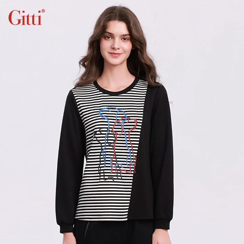 Gitti/吉蒂横条纹印花空气层卫衣女宽松大码圆领长袖上衣G255295