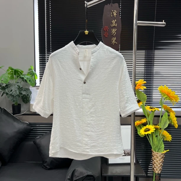麻感T恤夏季V领休闲时尚薄款简约轻奢百搭2025男士纯色半袖五分袖