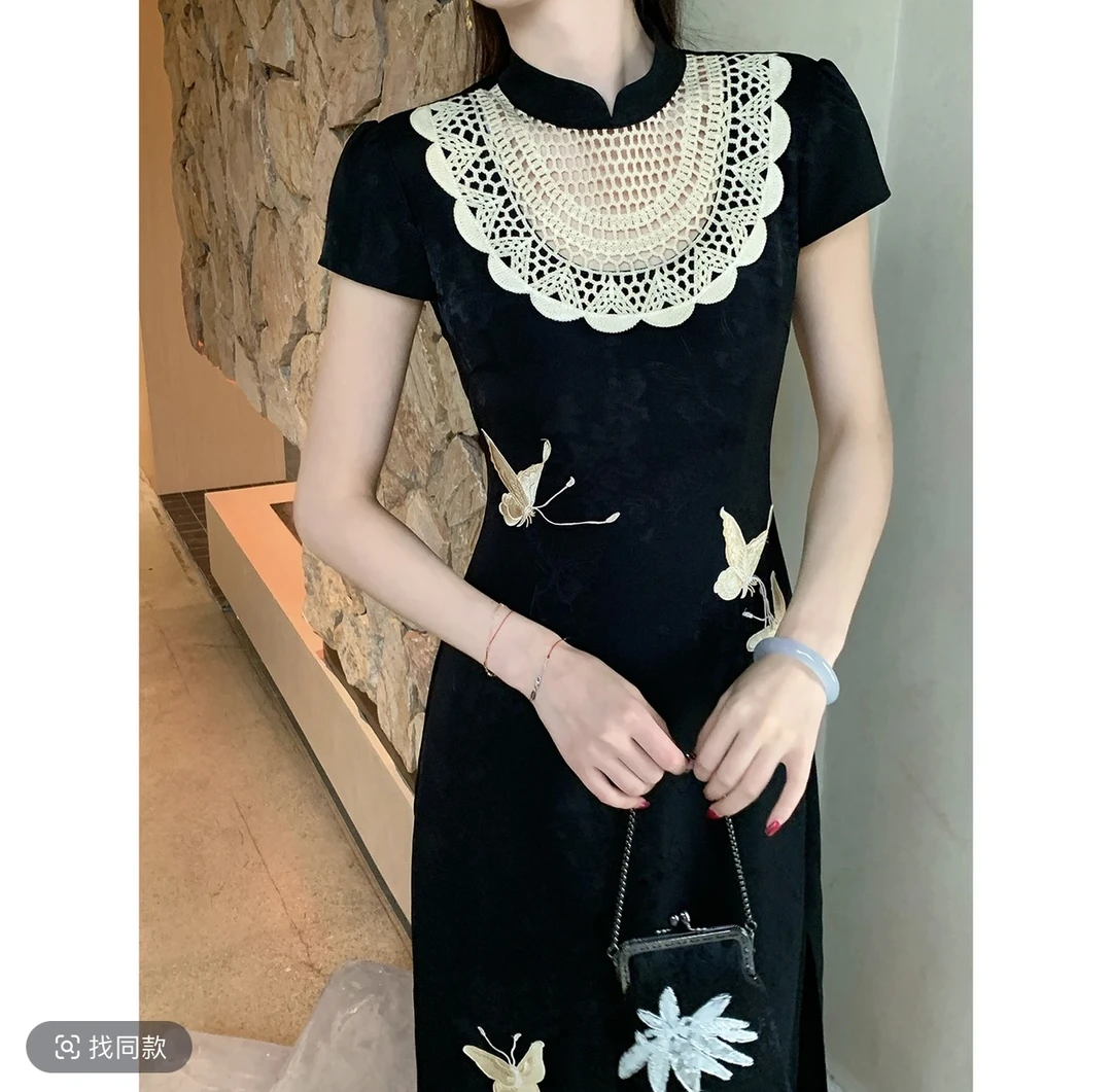 【墨蝶吟】国风新中式黑缎面蝴蝶气质改良旗袍裙