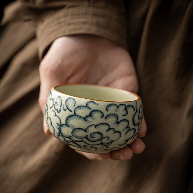 青花汝窑主人杯大号手工茶杯祥云罗汉杯功夫茶具品茗杯子