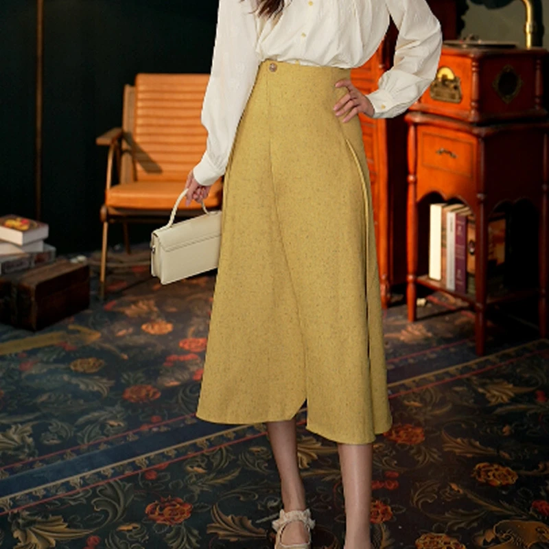 粤粤【黄蛋黄】港风高腰百搭复古半身裙裙子YS0924260