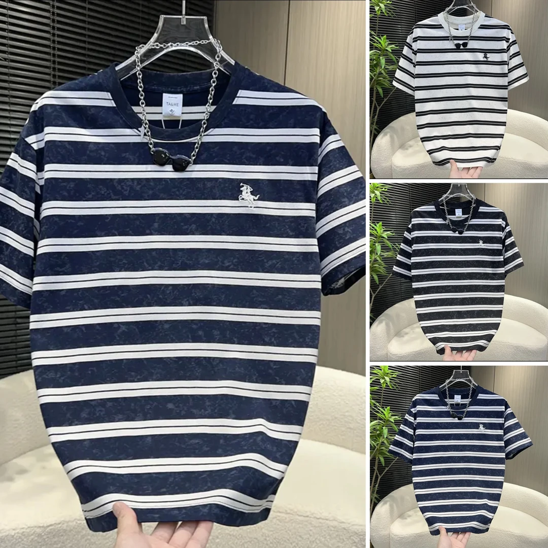 2025夏季新款设计感条纹休闲半袖男时尚潮流短袖T恤韩版宽松上衣