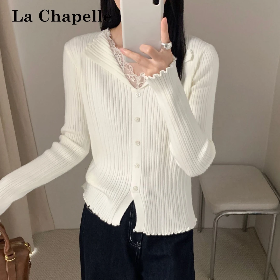 拉夏贝尔法式蕾丝边木耳边翻领针织衫上衣女秋冬新款显瘦打底毛衣