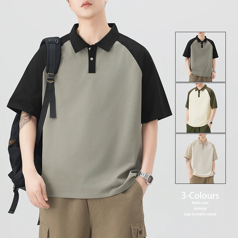 夏季男士Polo衫拼接撞色二开款插肩袖高品质短袖POLO半袖翻领上衣