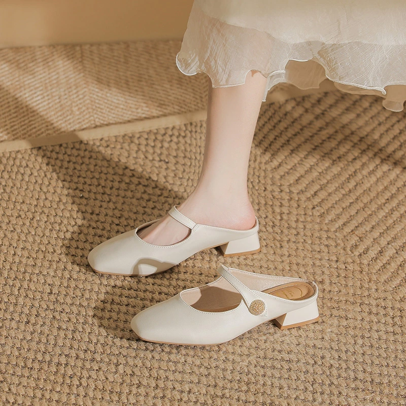 穆勒鞋法式一脚蹬低跟牛皮包头凉拖鞋女方头百搭时尚平底气质凉鞋