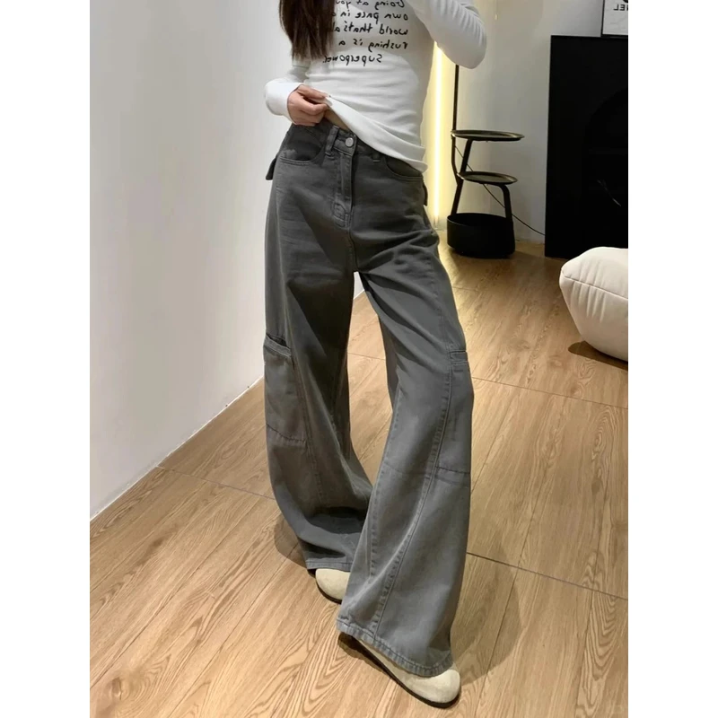 美式复古灰色阔腿工装牛仔裤女夏季2025新款高腰宽松休闲直筒裤子