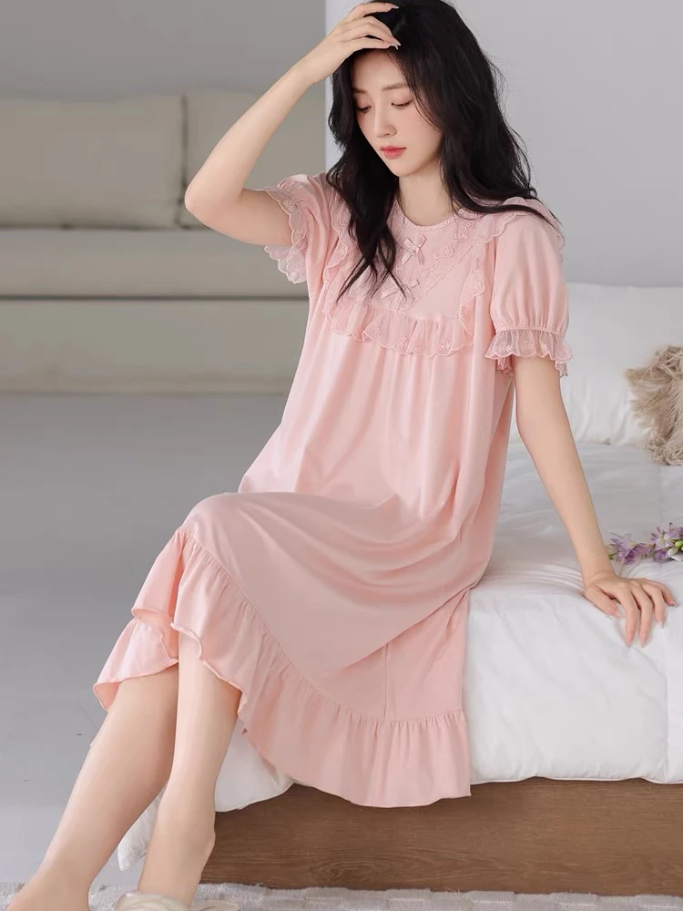 金黛儿2025夏季新款丝光爽棉睡裙女士重工蕾丝宫廷风连衣裙高级感