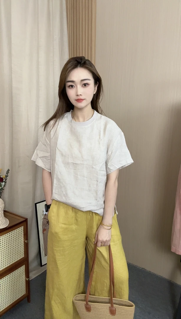 巷子里复古亚麻上衣女拼接螺纹圆领短袖衫休闲套头T恤