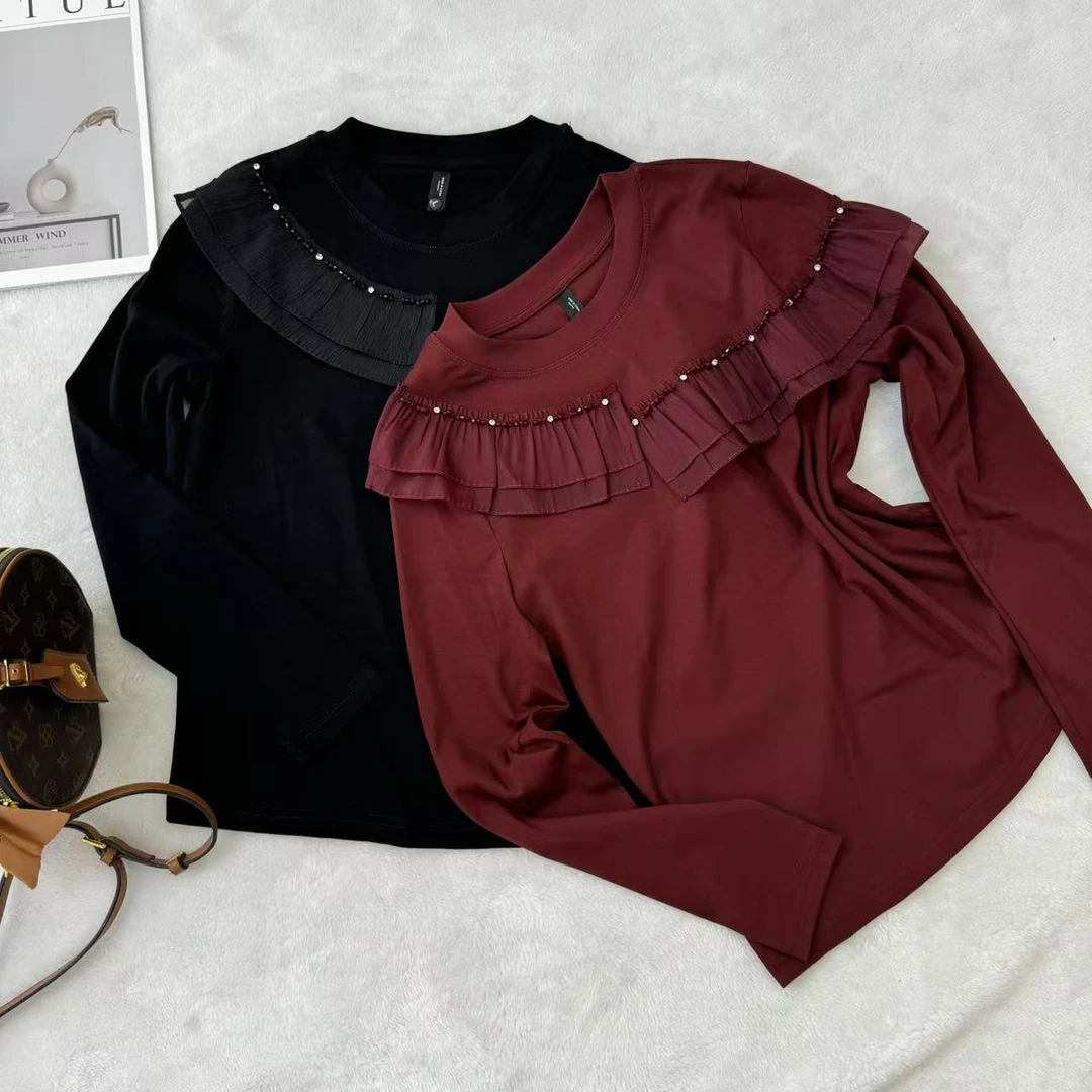 安哥拉红长袖T恤女新款爆款时尚洋气荷叶边上衣不规则领口t恤2510