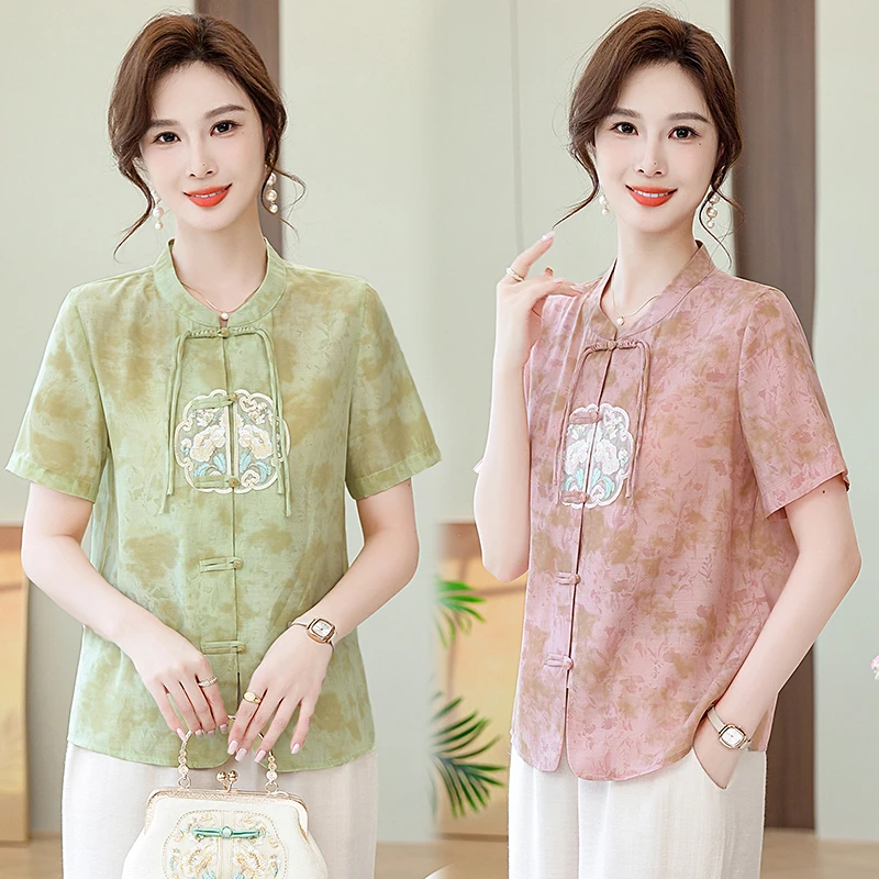 时尚中年妈妈夏装短袖衬衫T恤上衣中老年女装夏季洋气新中式小衫