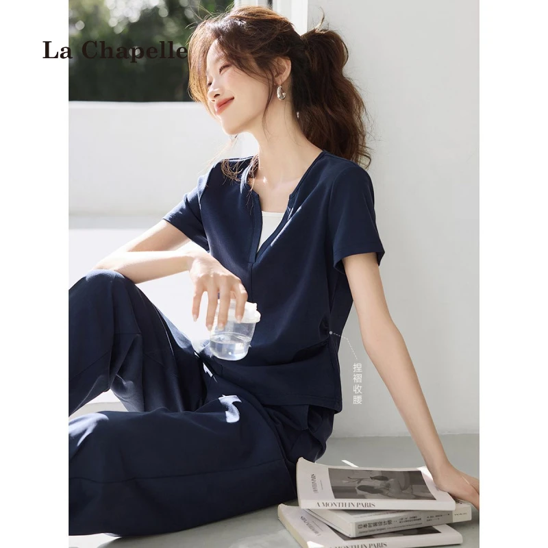 拉夏贝尔撞色拼接T恤休闲裤套装女夏款设计感运动风时尚两件套装