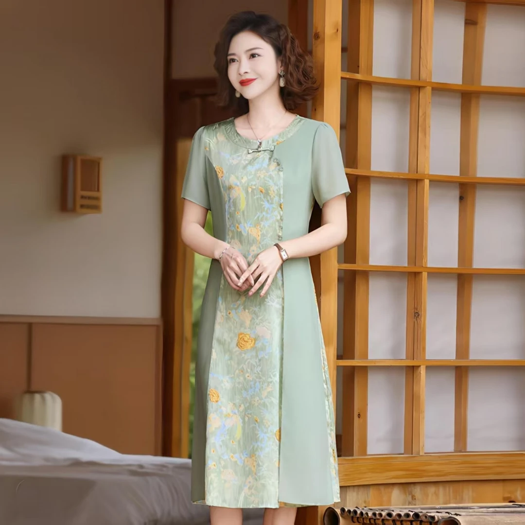 9996-国风印花连衣裙夏季新款显短袖收腰改良旗袍裙子【A15-2-4】