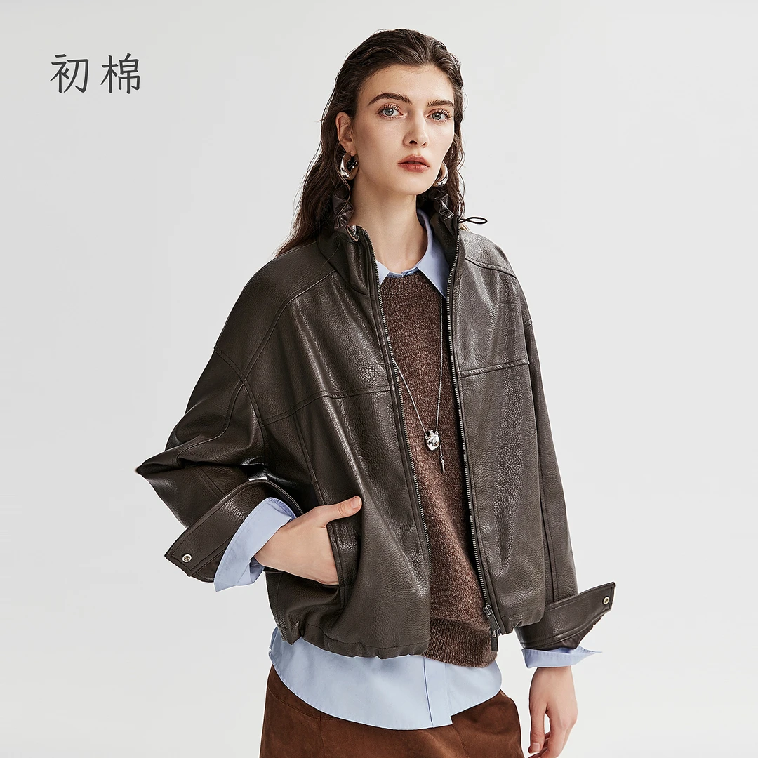 初棉【年末清】摩登花苞领皮夹克 366607015