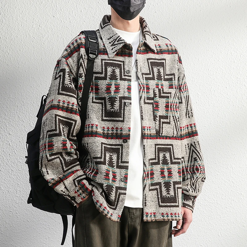 白昼小沐费尔岛提花磨毛衬衫男外套日系复古长袖衬衣大码开衫