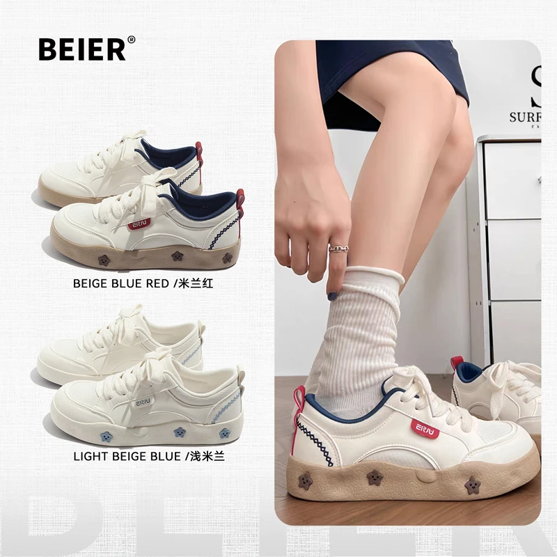 BEIER透气休闲小白鞋女鞋2025秋季新款休闲百搭潮鞋厚底板鞋6896