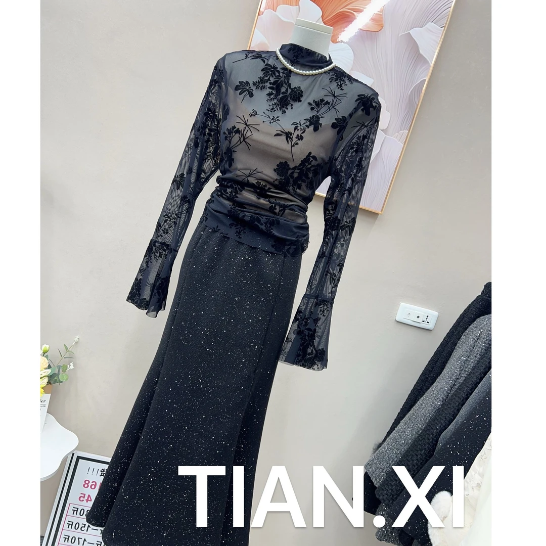 添禧家：纯欲性感洋气提花微喇袖长袖小衫打底