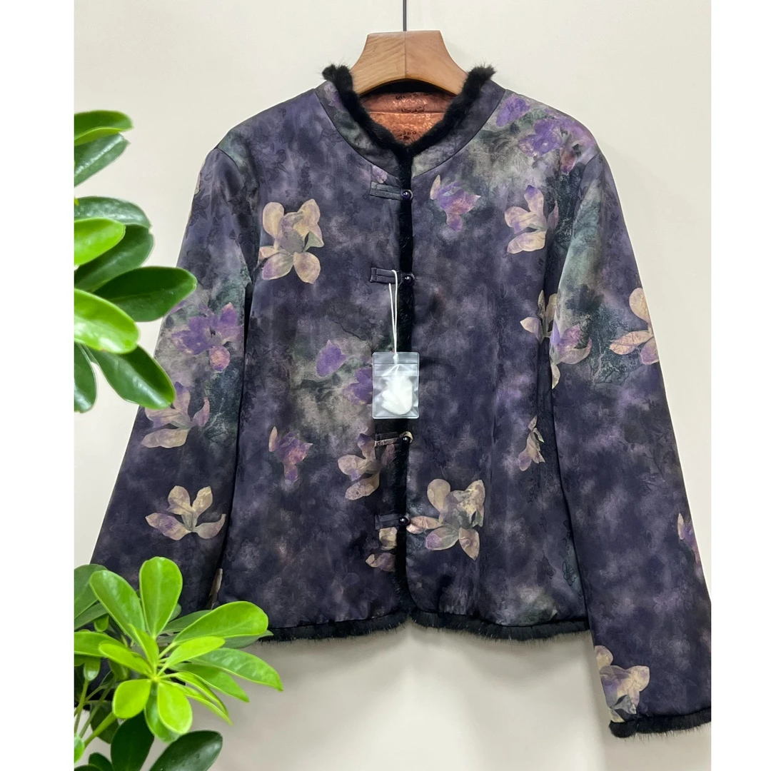 （玉兰花-棉服）57新中式新款紫色双面穿棉服外套